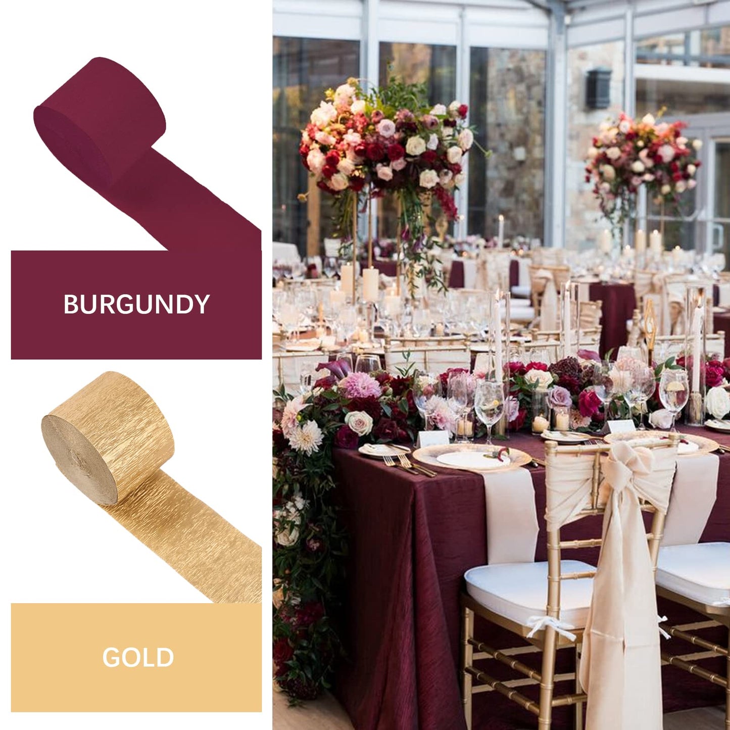 PartyWoo Crepe Paper Streamers 4 Rolls 328ft, Pack of Burgundy and Gold Crepe Paper for Party Decorations, Wedding Decorations, Birthday Decorations, Baby Shower Decorations (1.8 Inch x 82 Ft/Roll)