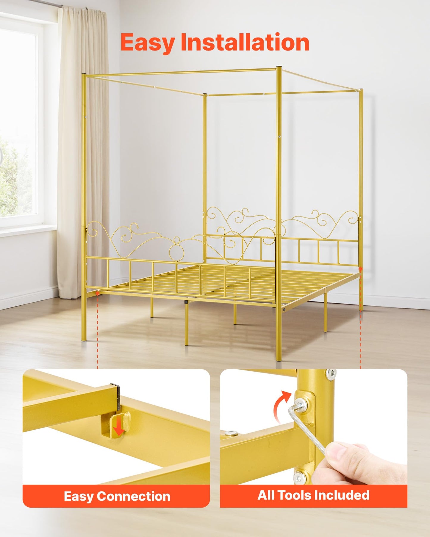 VEVOR Queen Size Canopy Bed Frame, Metal Canopy Bed with Minimalist Headboard & Four Posters Design, Heavy Duty Steel Slats Support, Underbed Storage Space, No Box Spring Needed, Easy Assembly, Gold
