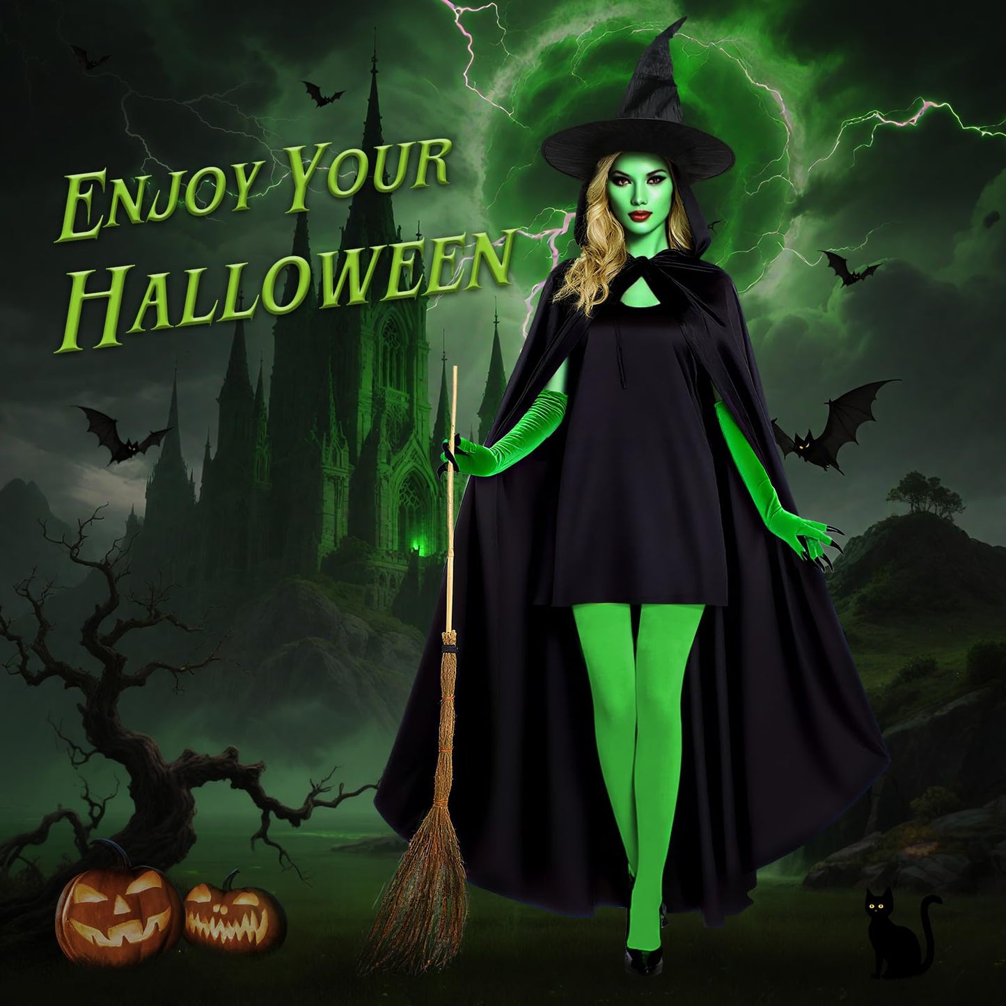 Brikabia Witch Costume for Women Halloween Cosplay with Hooded Cape Witch Hat Gloves Socks Cosplay Props Party Outfits
