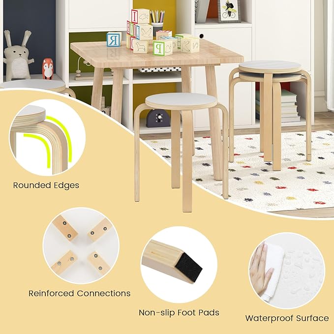 Giantex Stackable Stools Set of 4, 18" Round Stacking Backless Nesting Stools, School Chairs, Flexible Seating for Classroom Elementary, Students, Adults, Kitchen, Dining Room (Natural & White)