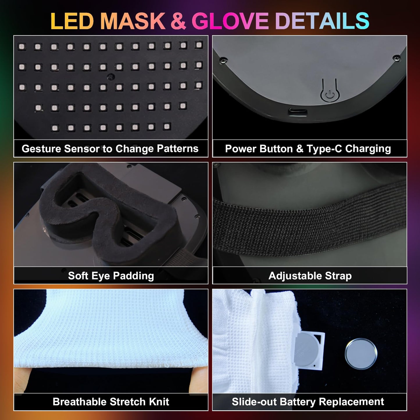 LED-Mask Gloves Halloween-Costumes For Men Adult Teen 2025, Gesture Sensing Rechargeable Light Up Face Cosplay Glow in Dark, Purge Terrifier Scary Cool Birthday Gifts For Kids Boys Girls Age 8 9 10+