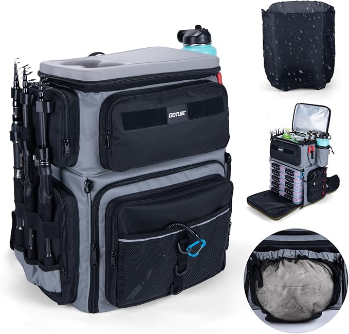 Goture Fishing Backpack with Cooler, 66L 600D Tackle Backpack with 3 Rod Holders, EVA Cover, Helmet Holder, Rain Cover, Sa...