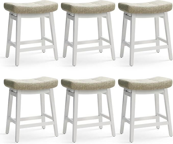 RNKSFX Counter Height Bar Stools Set of 6 for Kitchen Counter Farmhouse Modern Barstools with Faux Leather Upholstered Backless Seat and Solid Wood Legs 24 inch Bar Chairs, Light Grey + White