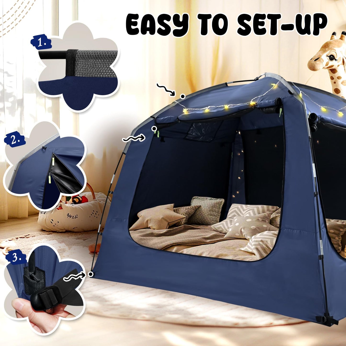RIYDH Bed Tent Bed Canopy Breathable 100% for Adult and Kids Light Reduction Sleeping Dream Tents Indoor Portable Big Space with String Light 4 Doors Twin Full Queen King Size