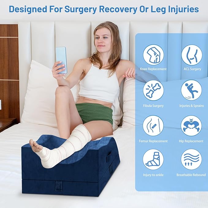 TranquilRelax Double Leg Elevation Pillows, Wedge Pillow for After Surgery, Memory Foam Support Adjustable, Comfort Care for Back Knee Hip Ankles Pain, Knee Pillow for Sleeping Blood Circulation Blue
