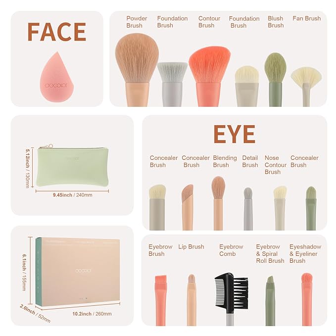 Docolor Makeup Brushes 17 Pcs with Makeup Bag and Makeup Sponge and Brush Protector Morandi Makeup Brush Set Premium Synthetic hair makeup brush Wooden handle Gift Box