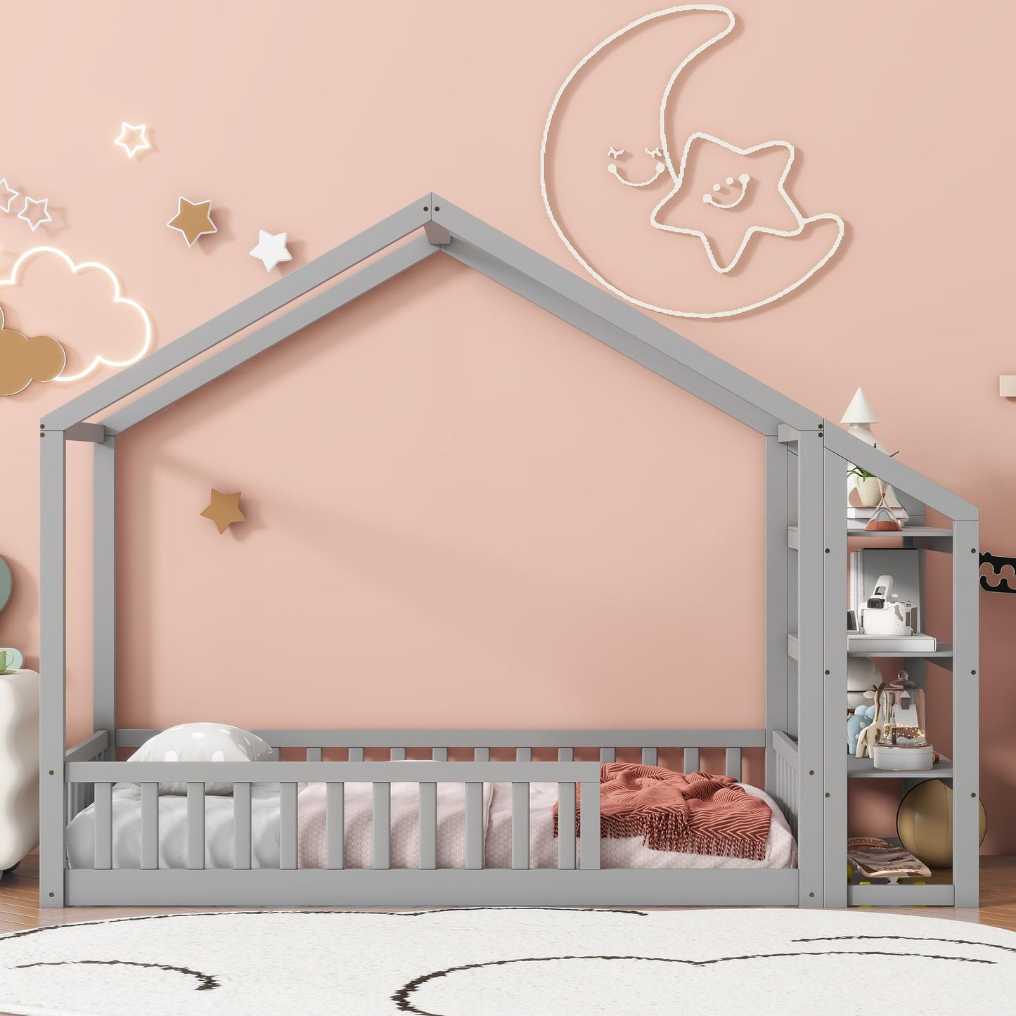Aoowow Twin Size Floor Bed Twin House Bed Frame with Storage Shelves, Wooden Montessori Floor Bed Kids Playhouse with Fence for Boys Girls for Bedroom,Twin-Grey