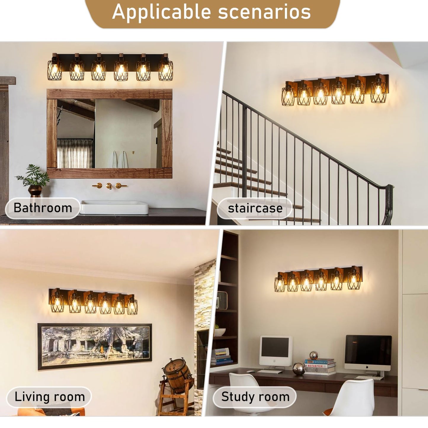 6-Light Farmhouse Vanity Light Fixtures Over Mirror, Black with Cage Metal Shade, Vintage Rustic for Bathroom, Hallway