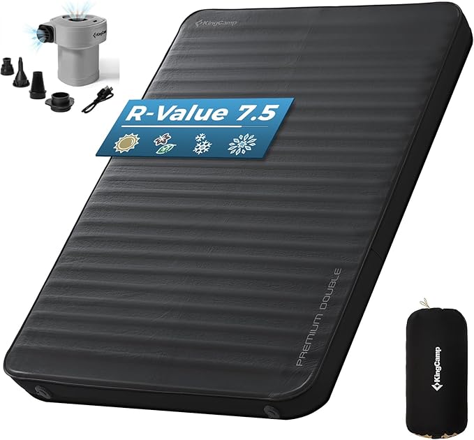 KingCamp PREMIUM DOUBLE Self Inflating Sleeping Pad with Air Pump, 7.5 R-Value Air & Foam Camping Mattress 2 Person, 3" Th...