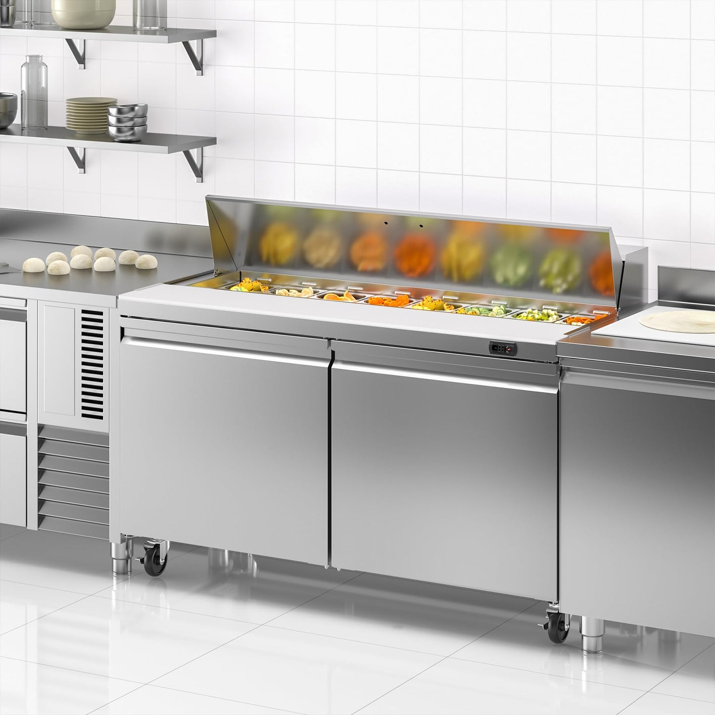 Rockitch 60" W Commercial Refrigerator Sandwich Salad Prep Table, 17.8 Cu.ft 2 Door Commercial Stainless Steel Food Prep Fridge with 16 Pans, Salad Prep Station for Restaurant, Bar, Shop, etc.