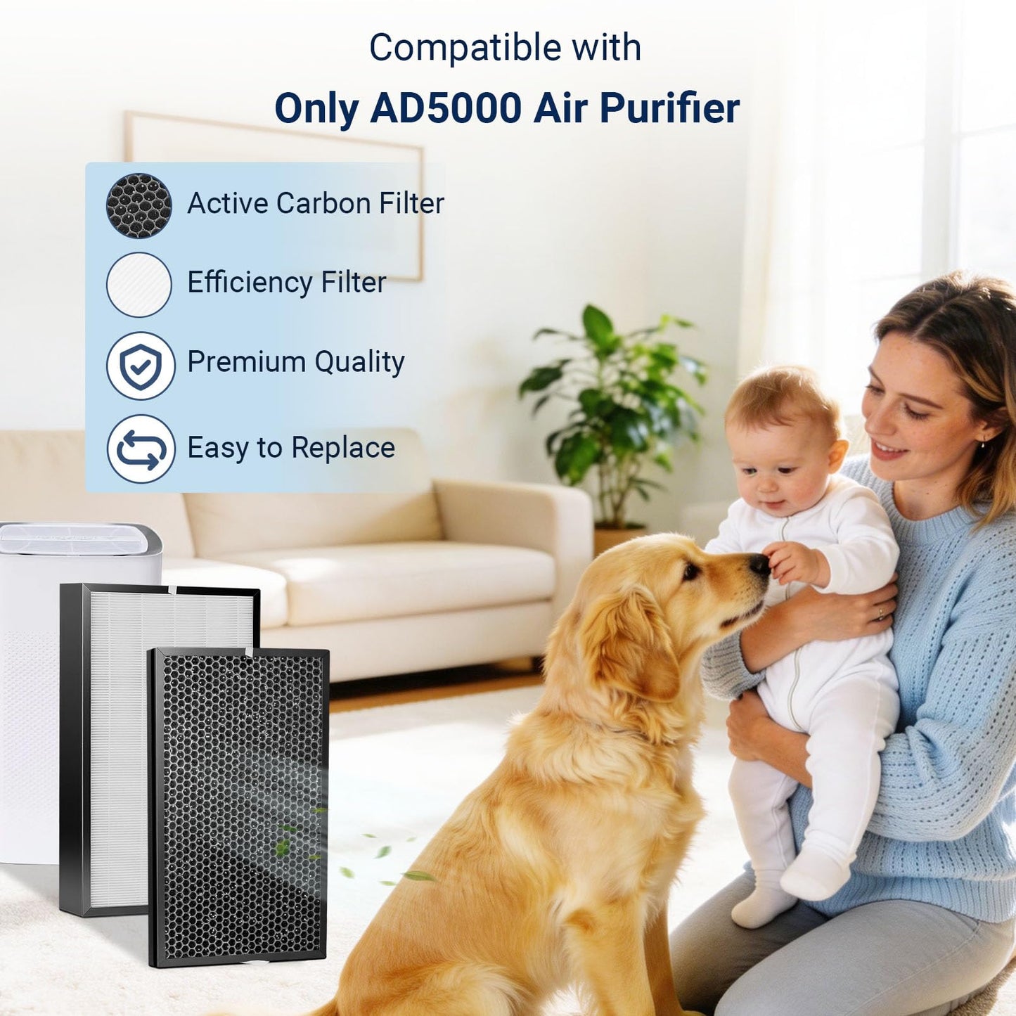 5000 Filter Replacement Set Compatible with AD5500 Air Purifier (2 Efficiency Filters + 4 Carbon Filters) 6-Pack AD5000 Replacement Filters