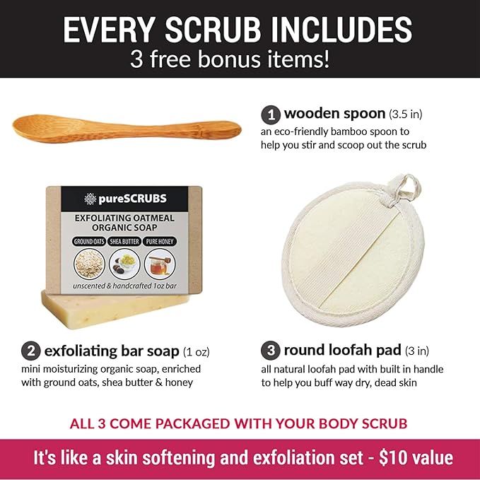 pureSCRUBS Premium Sandalwood Body Scrub Set - Large 16oz Dead Sea Salt Body Scrub With Infused Essential Oils & Nutrients, Includes Wooden Spoon, Loofah & Oatmeal Exfoliating Bar Soap