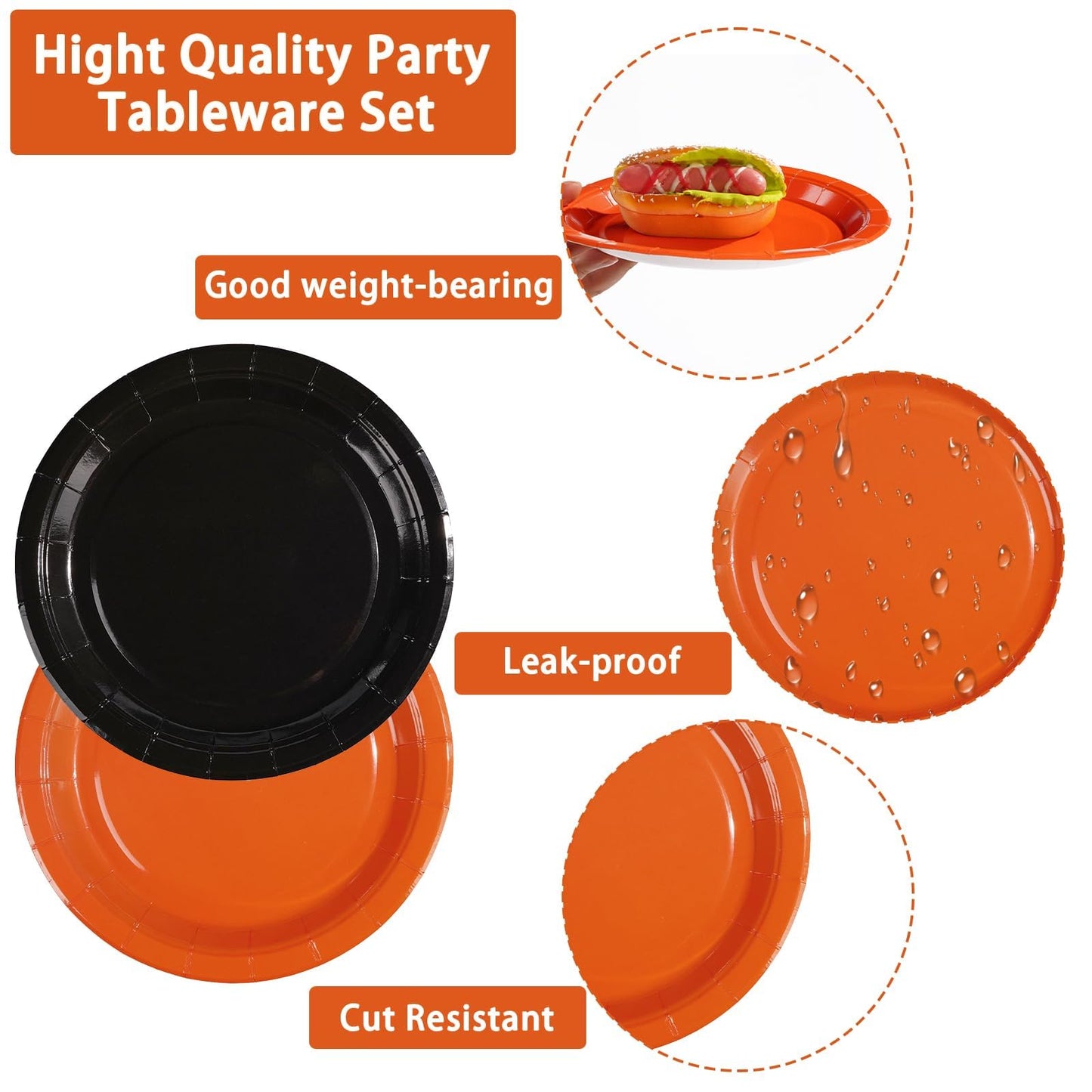 Grencian 96Pcs Orange and Black Party Decorations Orange and Black Plates and Napkins Disposable Paper Tableware Set for Birthday Wedding Baby Shower Fall Harvest Halloween Party Supplies, Serves 24