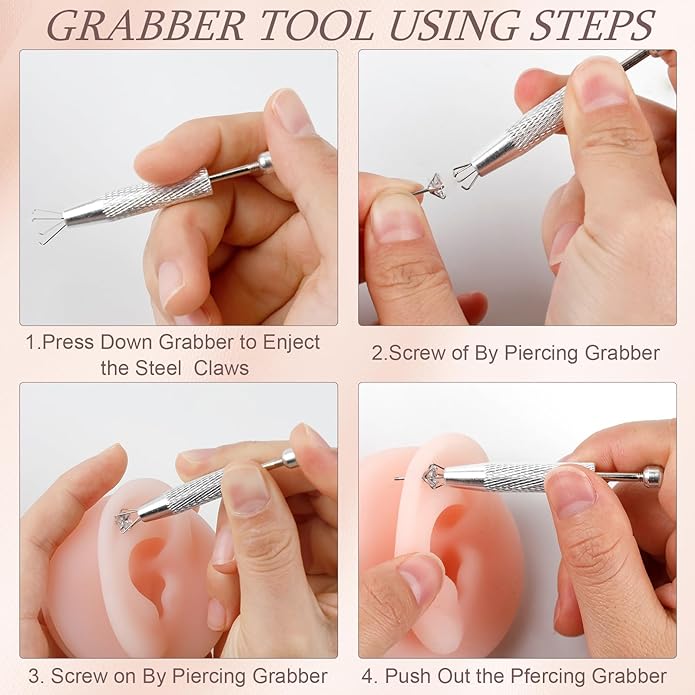 ONESING 2Pcs Piercing Ball Grabber Tool for Changing Jewelry, Stianless Steel Flat Back Earring Applicator Internally Threaded Push Pin Piercing Grabber Tool, Anti Slip 4 Claw Gem Ball Grabber Tool