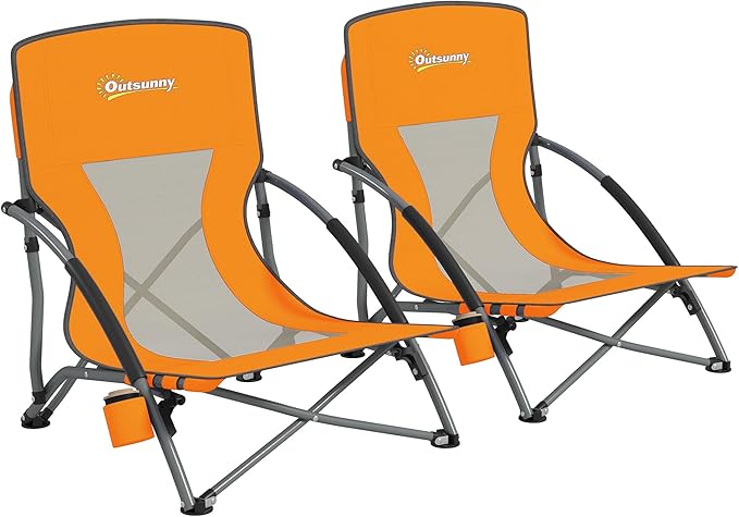 Outsunny Set of 2 Backpack Beach Chair, Folding Beach Chairs with Mesh Back, Carry Bag and Cup Holder, Lightweight and Por...