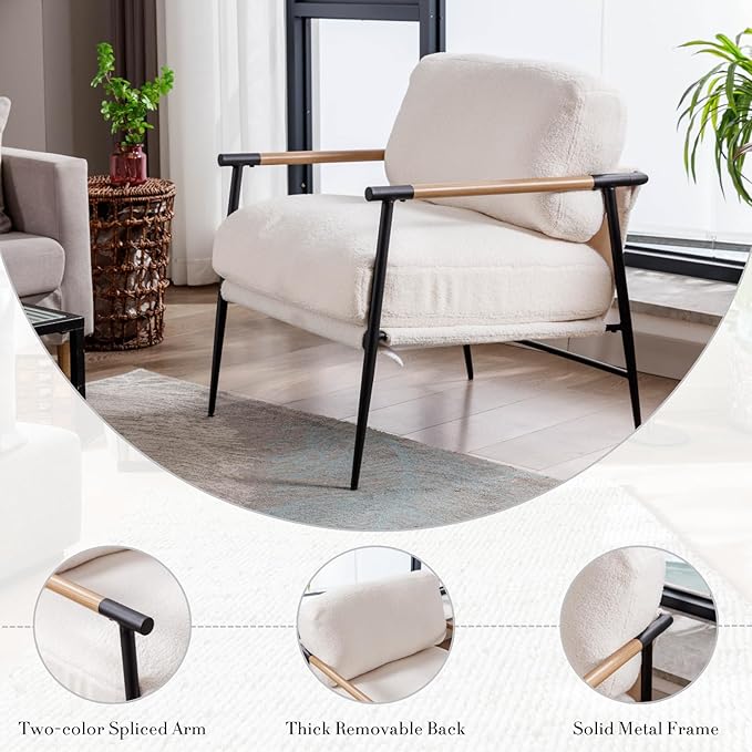 HEAH-YO Modern Accent Chairs Set of 2, Upholstered Lambwool Living Room Chairs with Backrests, Comfy Reading Armchairs for Bedroom, White