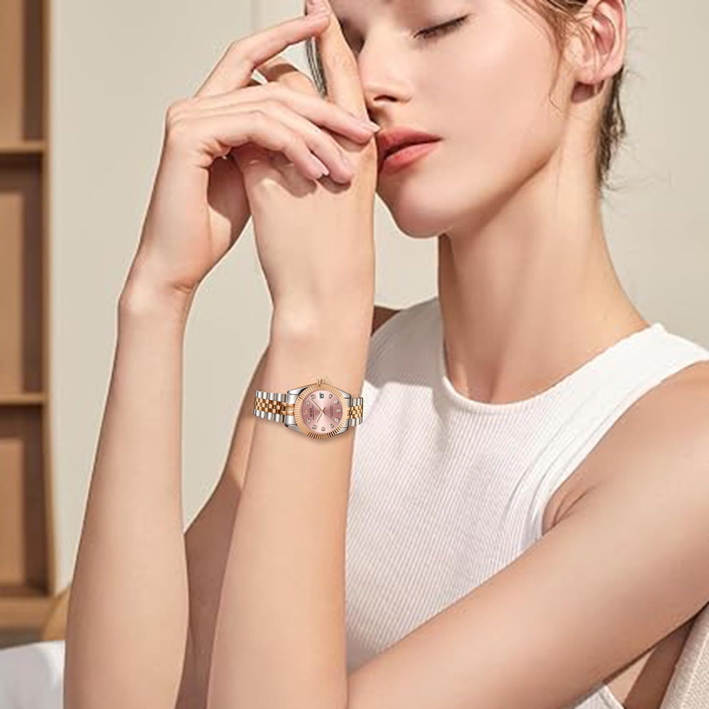 BUREI Women's Rose Golden Watch Silver Stainless Steel Classic Quartz Women Watches with Date Fashion Business Small Face Diamond Waterproof Ladies Watches,Gift for Women