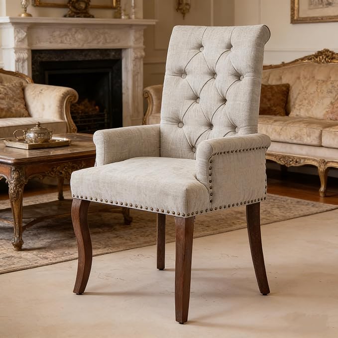 Ball & Cast Chenille Dining Chairs with Arms,Mid-Century Accent Chair w/Tufted Back & Nailhead Trim,Curved Solid Wood Leg,...