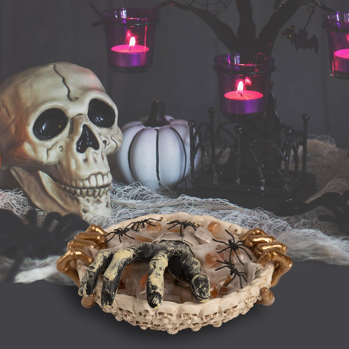caiydramy Halloween Candy Dish with Hand, 10.6" Large Resin Decorative Skull Bowl, Spooky Skeleton Serving Dish for Kitchen Home Table Decorations, Halloween Gifts Decor