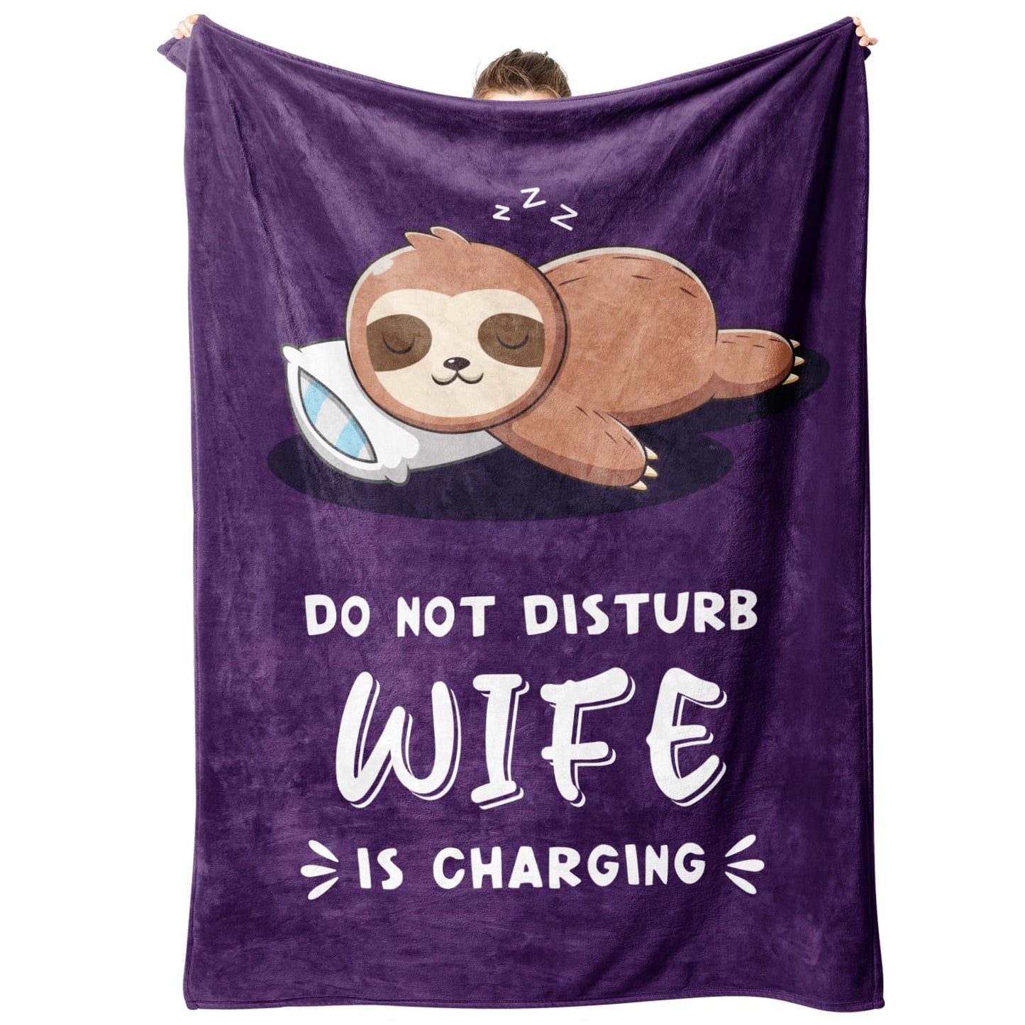 Funny Anniversary Birthday Gifts for Wife, Wife is Charging Sloth Blanket, Wifey Gifts from Husband, Wedding, Mother's Day, Valentines Day Present for Women, Super Soft Blanket for Her
