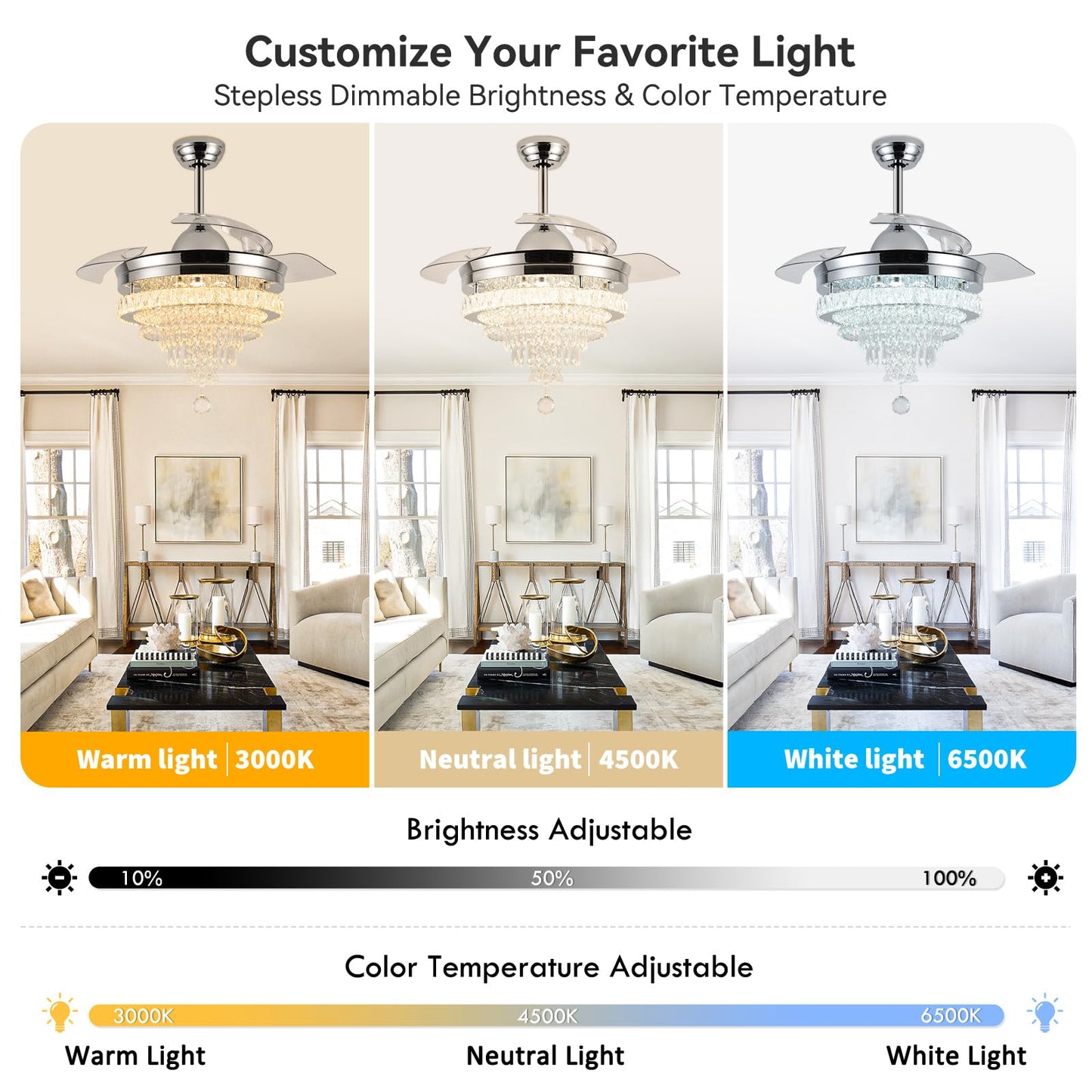 LEONTYNE 42" Modern Crystal Chandelier Ceiling Fan with Light & Remote,Dimmable LED Fandelier for Bedroom Living Room,3 Color Temperatures,6 Speeds,Retractable Blades,Timing & Memory Function