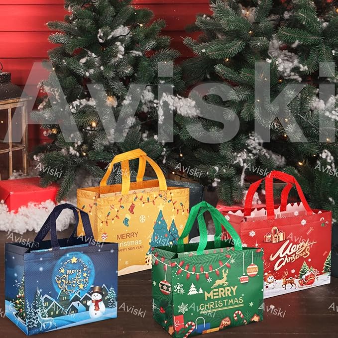 4PCS Christmas Gift Bags,Christmas Tote Treat Bags with Handles, Bags, Non-Woven Bags for Gifts Wrapping Shopping, Xmas Party Supplies