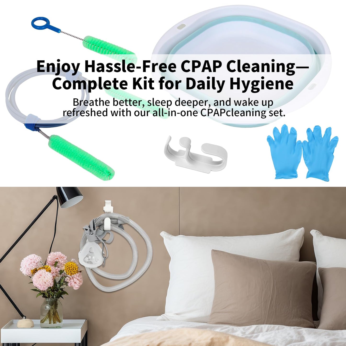 CPAP Hose Cleaner Kit - CPAP Tube Cleaning Brush, CPAP Hose Brush, LongFlexible CPAP Tube Brush with Basin, Drying Hook & Gloves - CPAP CleaningSupplies for Hose, Mask & Tubing