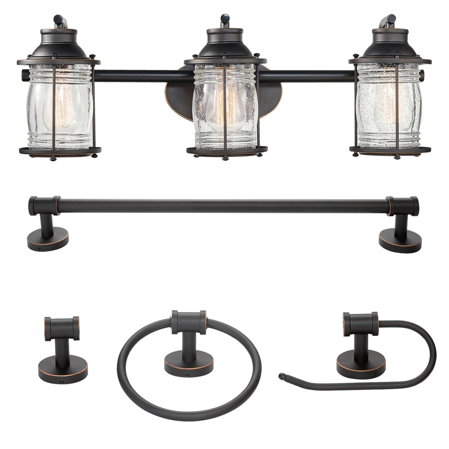 Globe Electric 51549 5-Piece All-in-One Bathroom Set, Oil Rubbed Bronze, 3-Light Vanity Wall Light with Ribbed Seeded Glass Shades, Towel Bar and Ring, Robe Hook, Toilet Paper Holder
