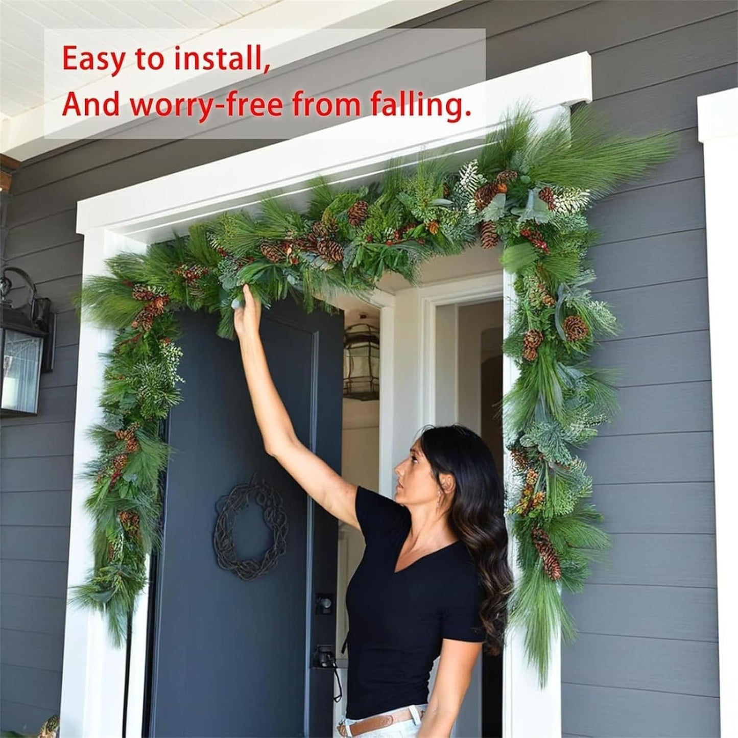 Garland Hanger for Front Door | Adjustable Fits 32"- 80" Doors | Heavy-Duty Christmas Halloween Decoration Holder for Wreaths, Lights & More | No Screws, Drilling, Glue-Damage-Free