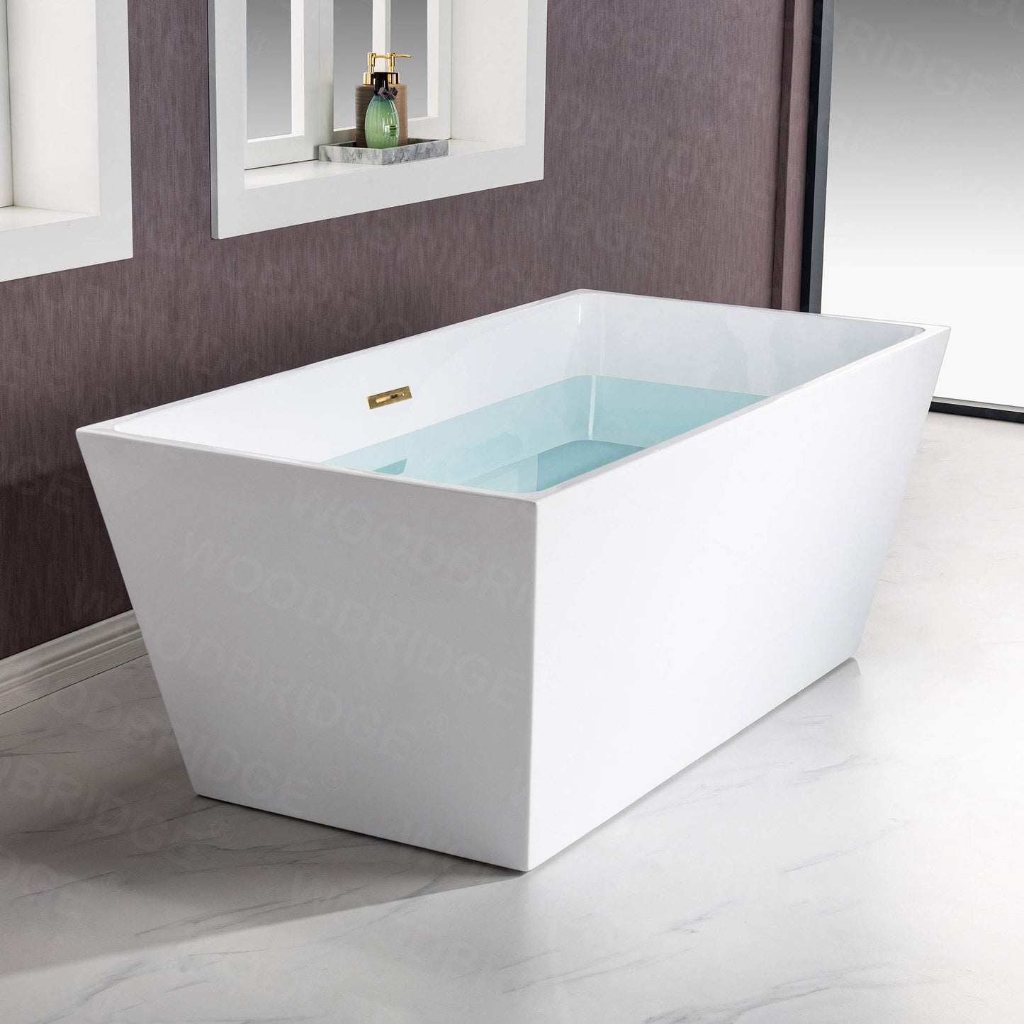 WOODBRIDGE 59" Acrylic Freestanding Bathtub Contemporary Soaking White Tub with Brushed Gold Overflow and Drain，BTA1412-BG-Drain&O