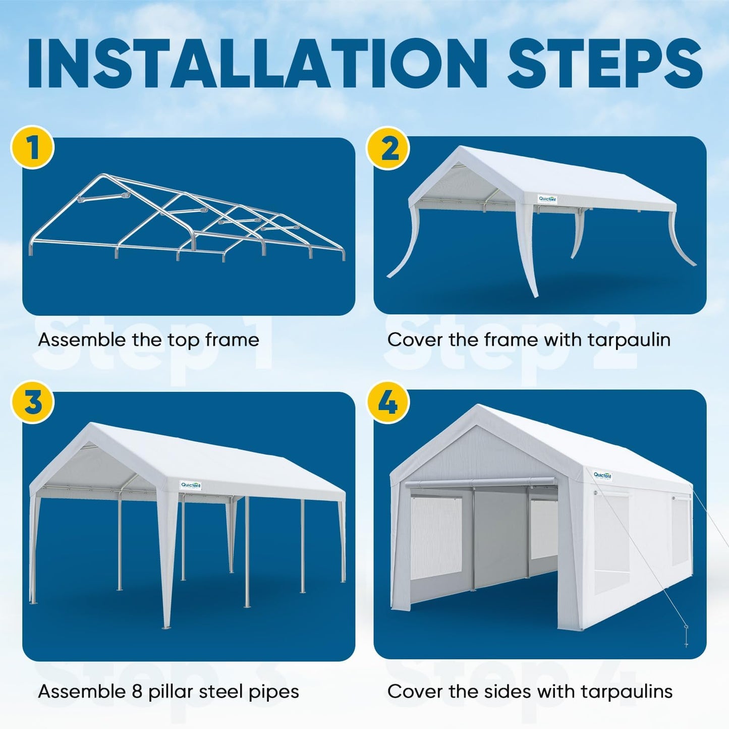 Quictent 10x20 ft Heavy Duty Carport Canopy Galvanized Car Tent Outdoor Garage Boat Shelter with Reinforced Structure with Roll-up Ventilated Windows Sidewall - White