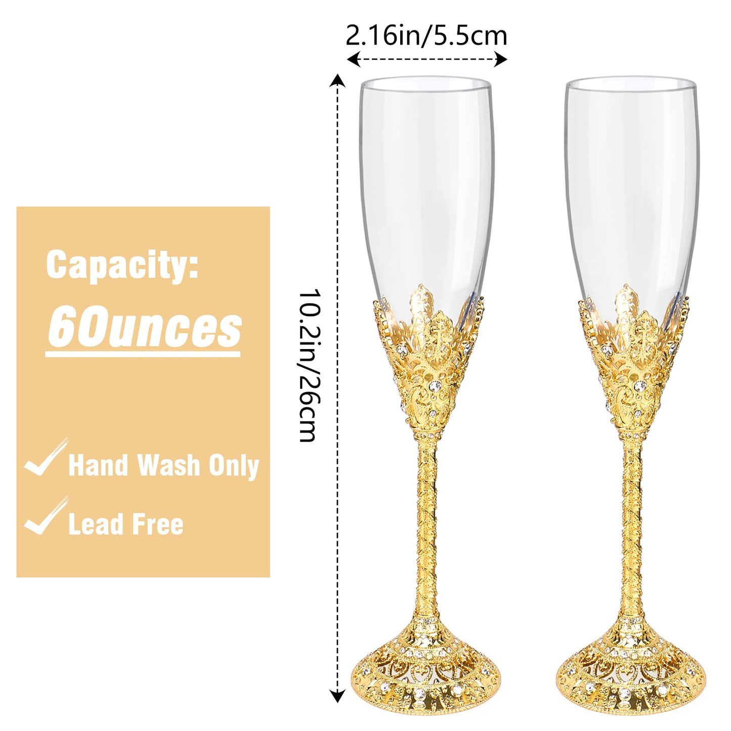 Jozen Gift Champagne Flutes-Set of 2 Champagne glasses, Crystal Glasses&Metal Base, Toasting Flute Pair, Wedding Anniversary, Party,Birthday,Banquets,Gifts for Bride and Groom 6 oz-Gold