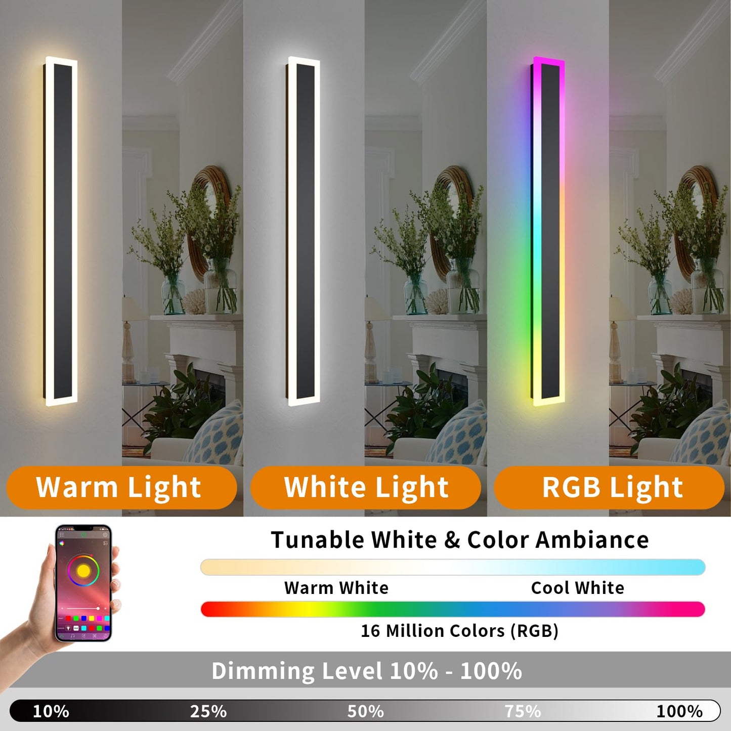 LannlKer Outdoor RGB Long Wall Lights, 31.5inch 2 Pack RGB/Warm/White Dimmable Modern Led Wall Lighting, Ip65 Waterproof Long Wall Sconce with Remote and APP Control for Outdoor/Indoor Party Gathering