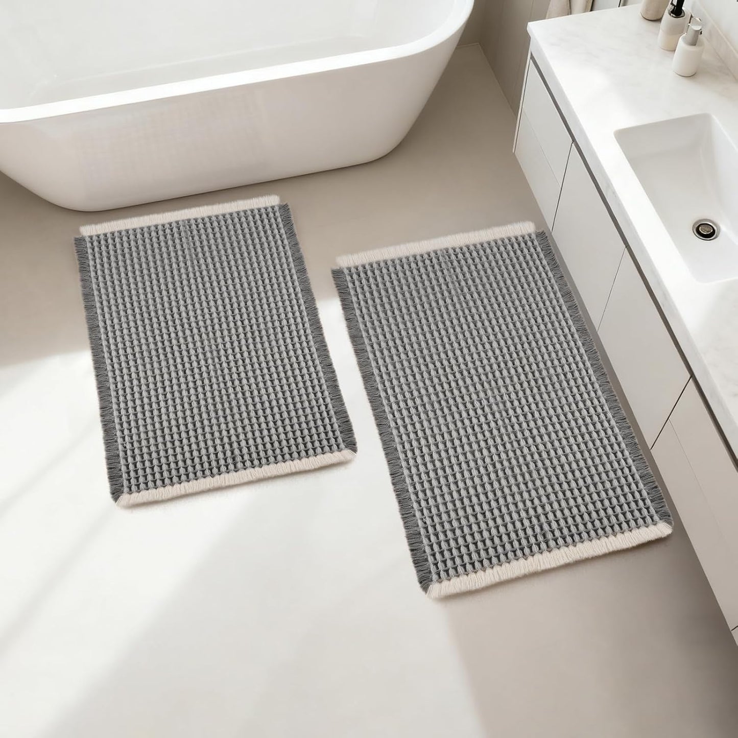 ArtyCozy Waffle Bath Mat Set of 2, Super Absorbent Soft Non-Slip Boho Bath Rugs with Flat-Woven Hot Glue Backing for Bathroom, Machine Washable Bath Mats, 17" × 24" Plus 18" × 30", Grey & White
