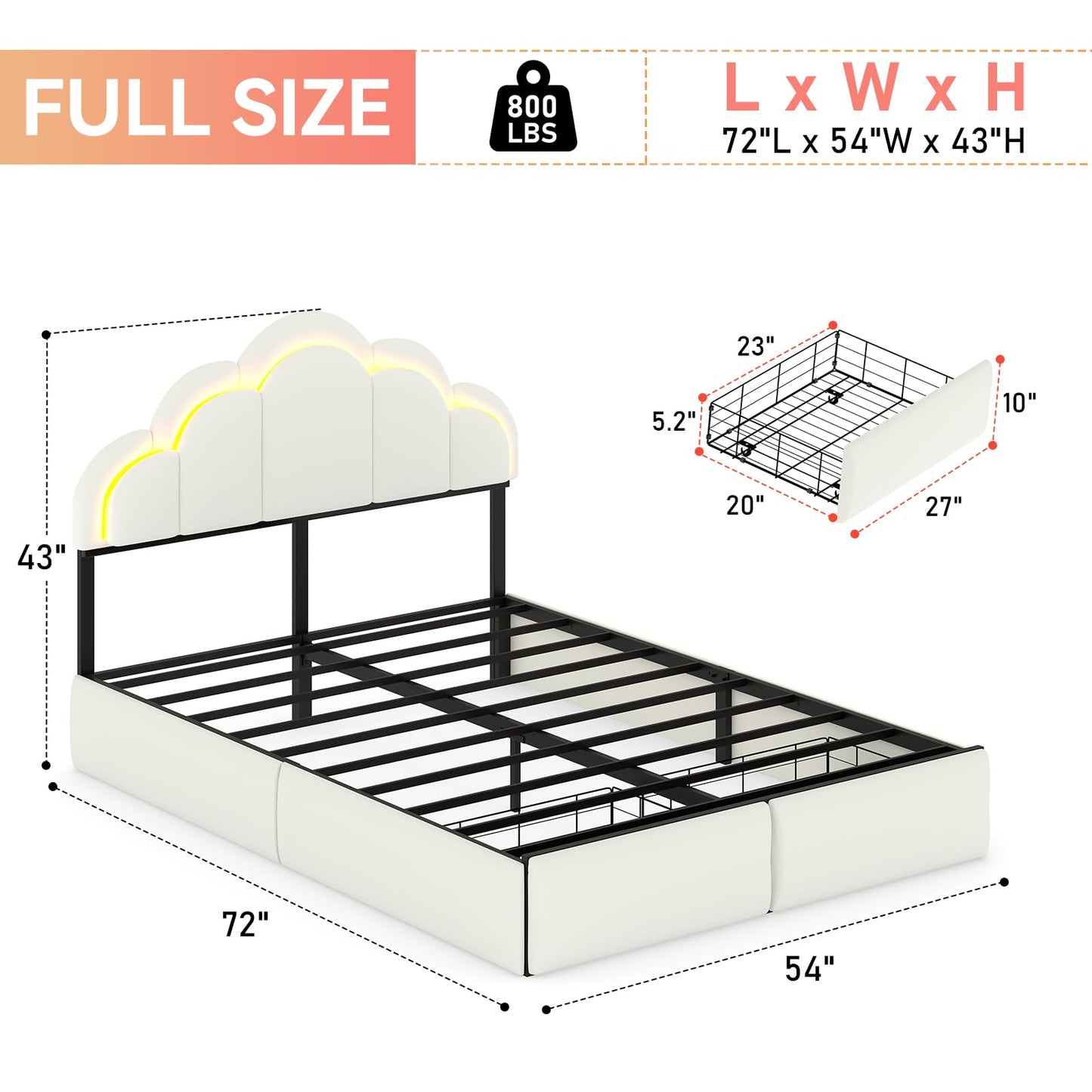 SADENICEL Full Upholstered LED Bed Frame with 2 Storage Drawers, Chic Double Wavy Headboard, Velvet Princess Platform Bed, Solid Wood Slats Support,No Box Spring Needed, Beige