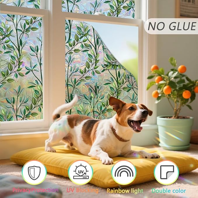 Leaf Stained Glass Window Film Static Cling with Tools - 17.5 x 78.7 Inch Non-Adhesive Privacy Decorative Rainbow Film for Windows, Doors, Sidelights - Easy Install & Remove
