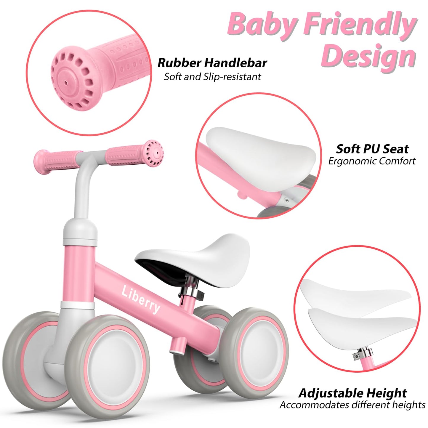 Liberry Baby Balance Bike for 1 Year Old Girls, 4 Wheels Toddler Balance Bike with Adjustable Seat, 12-24 Months Infant's First Birthday Gift (Pink)