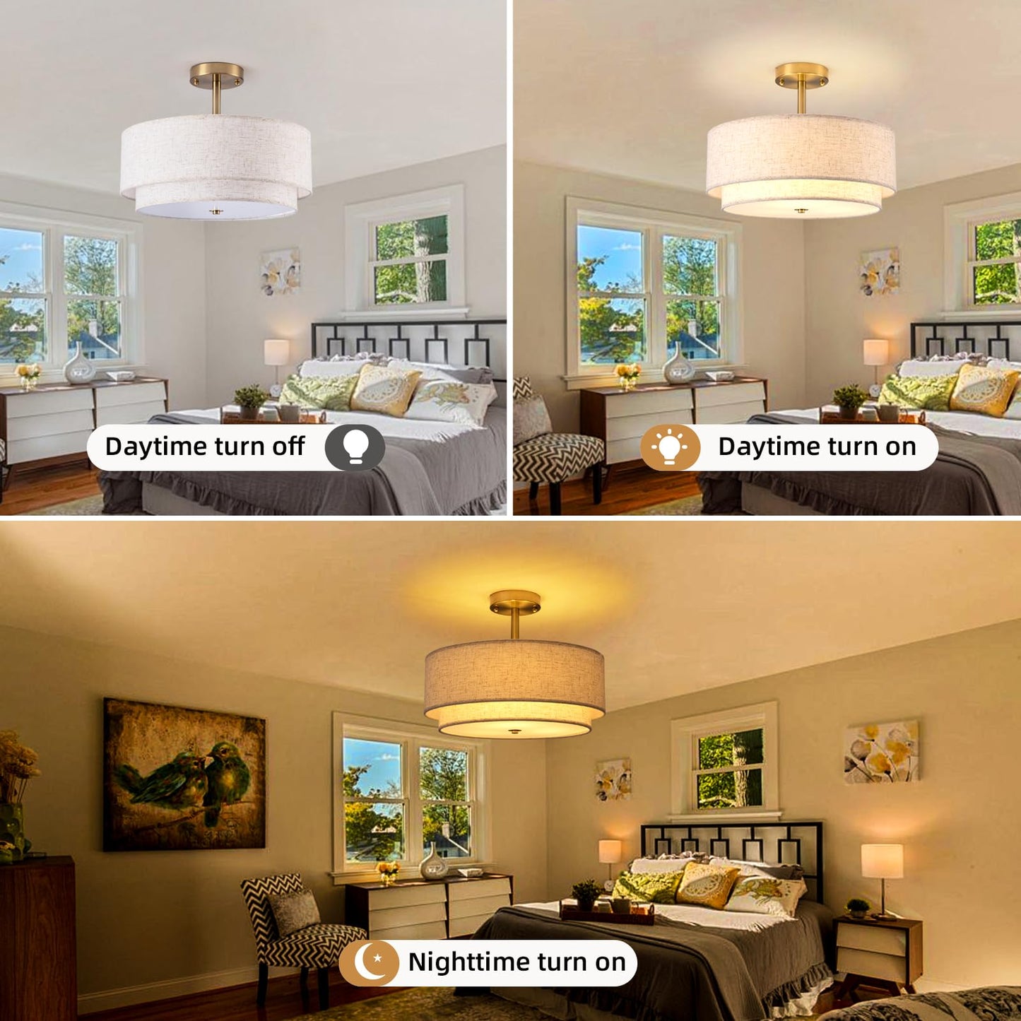 Aufrichting 16" Semi Flush Mount Ceiling Light Fixture,Modern Close to Ceiling Light, 3-Lights Gold Drum Ceiling Light with Linen Fabric Shade for Bedroom Living Dining Room Hallway Entryway Foyer