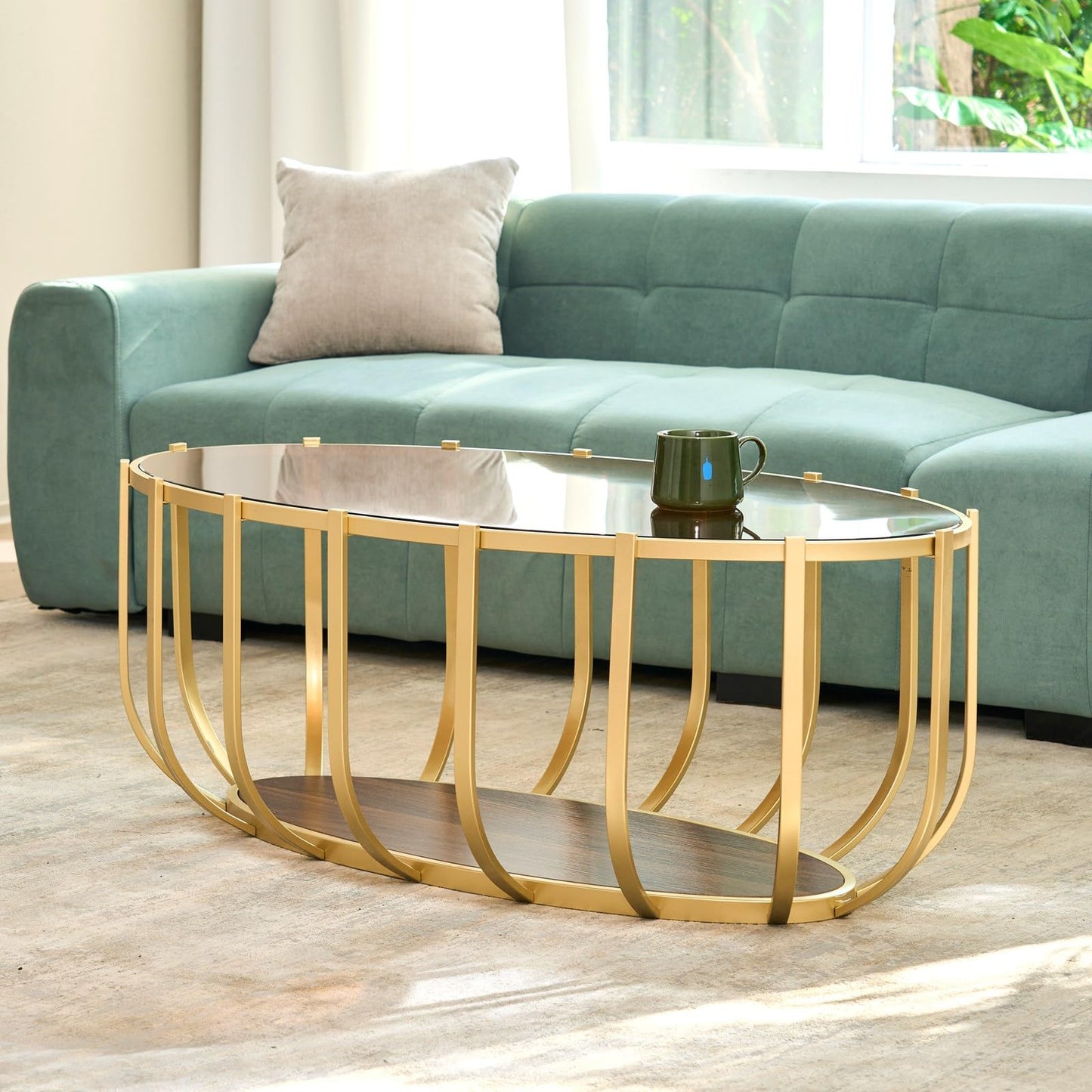 AGV LIGHTING Oval Glass Coffee Table with Gold Metal Frame, Modern Glam Glass Coffee Table, Amber Tempered Glass Top with Lower Walnut Shelf, Modern Gold Coffee Table for Living Room
