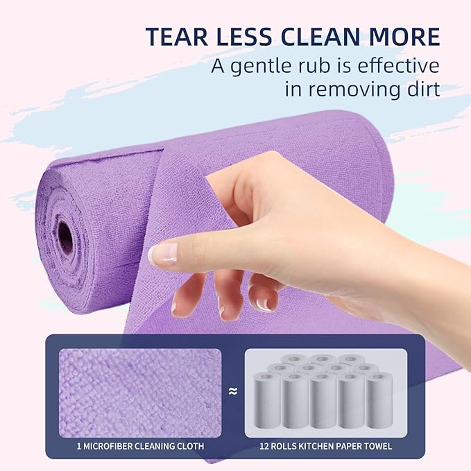 & PLUSH Microfiber Cleaning Cloth Roll - 85 Pack, Tear Away Microfiber Towels, 12" x 12", Reusable, Washable, Streak Free, Ultra Absorbent Dish Rags for Car, Home, Garage or Shop (Purple)