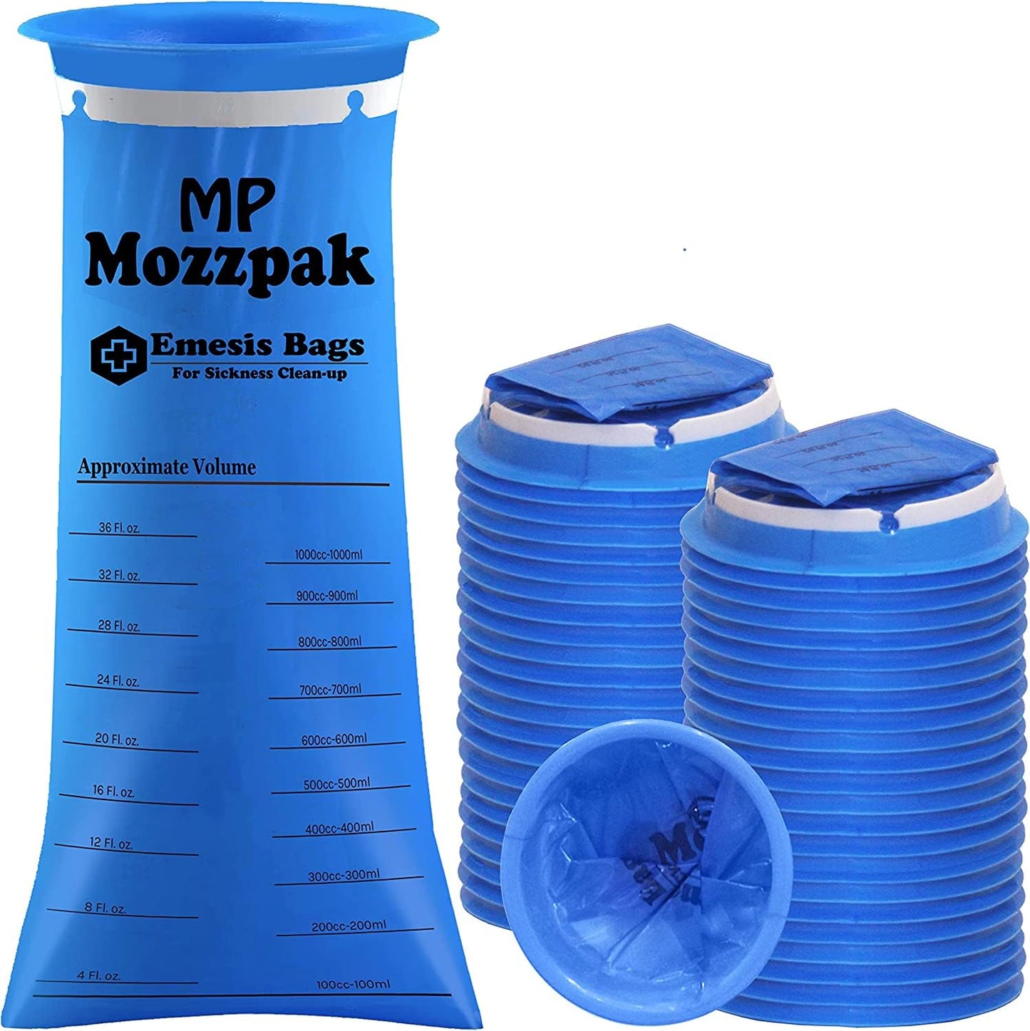 MP MOZZPAK Vomit Bags Disposable 50 Pack - 1000ml Emesis Bags, Leak-Proof Barf Bag, Travel Friendly Puke & Nausea Bag for Motion Sickness, Medical Grade Throw up Relief for Car, AirPlane, & Road Trip