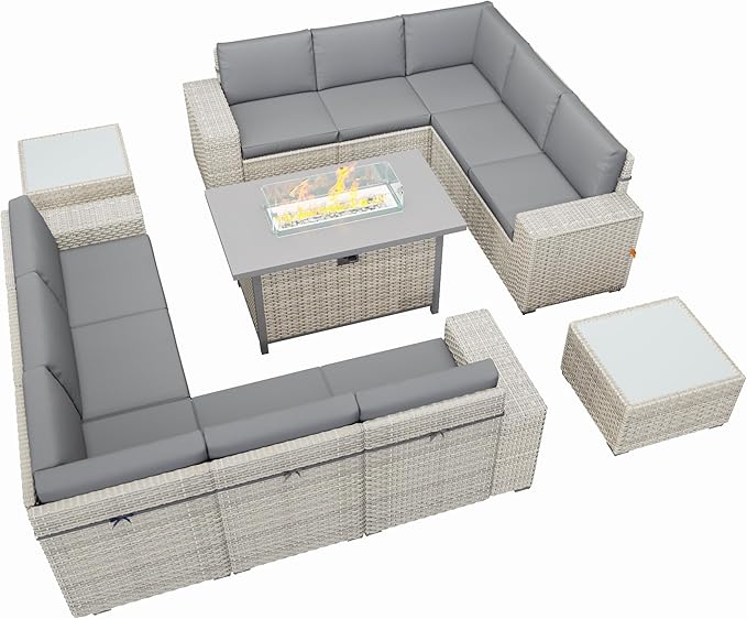 Broivira 13 Piece Patio Furniture Set with 50,000 BTU Rattan Fire Pit Table That Converts to Coffee Table, 9.8" Wide Arm Sectional Sofa with Storage Armrests, Outdoor Rattan Conversation Set, Grey