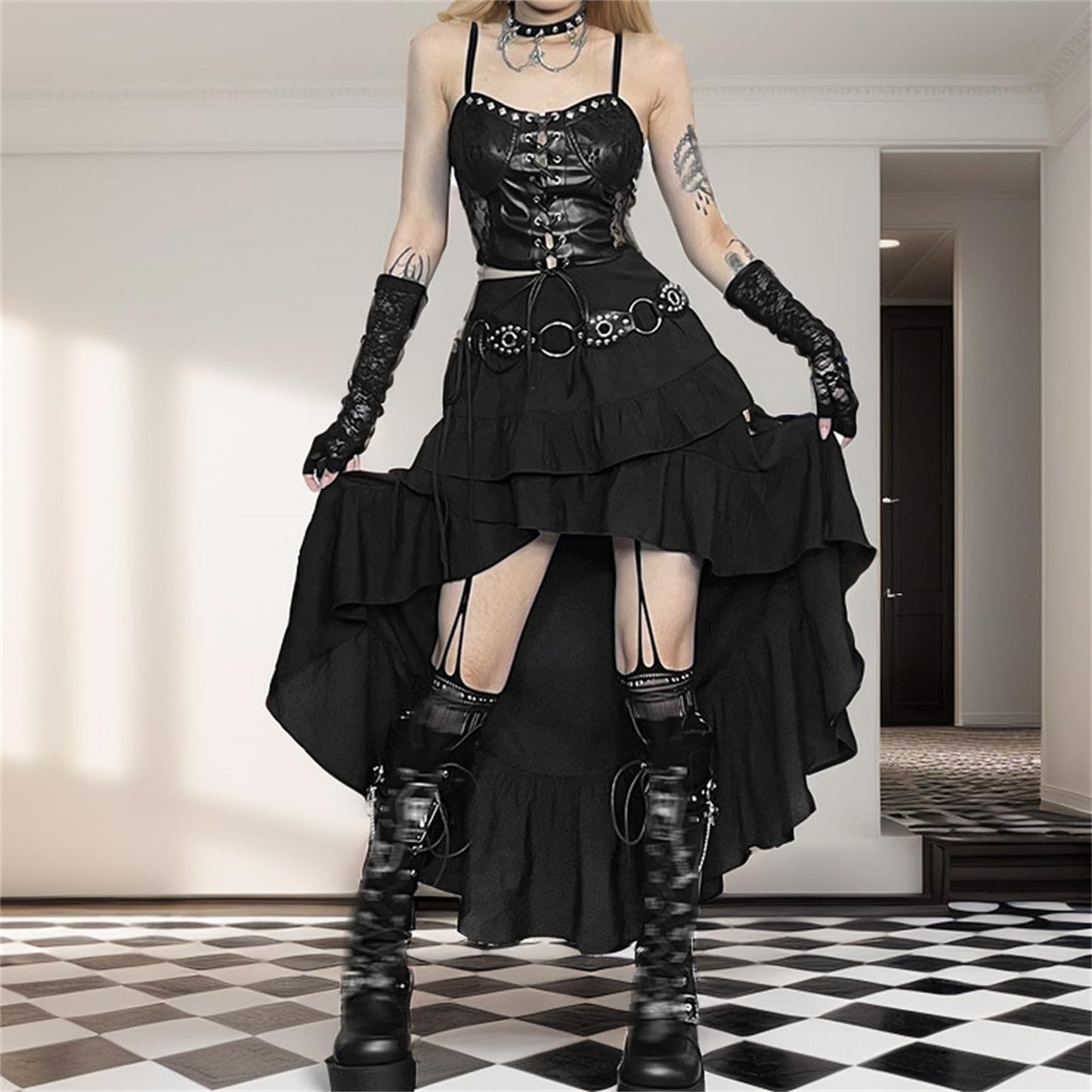 Twfsgirl Goth Long Maxi Skirts Women Y2k Black High Low Punk Emo Ruffle Tiered