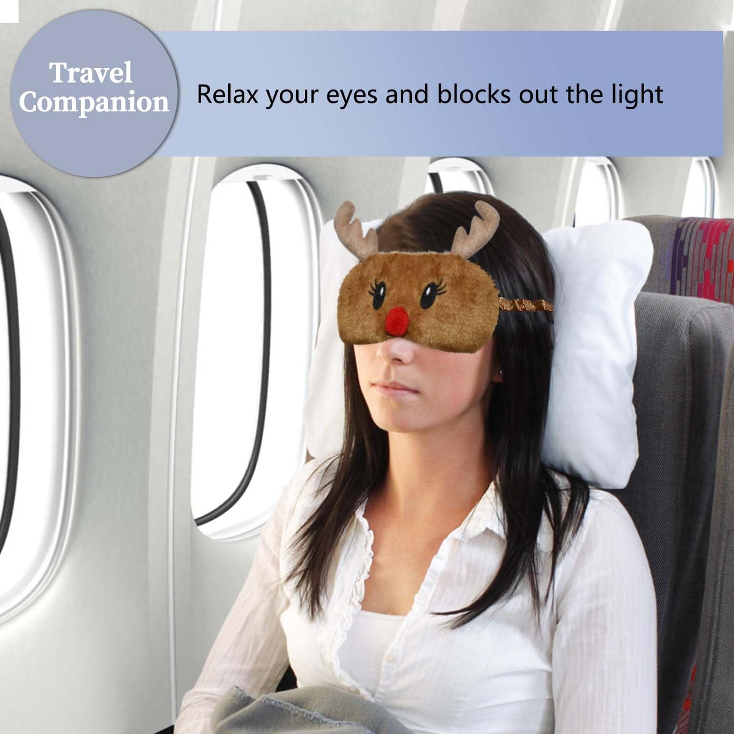 Mezeic Christmas Reindeer Sleep Mask Cute Antler Eye Masks Sleeping Soft Plush Cartoon Blindfold Funny Animal Eye Cover Xmas Presents for Women Men (Xmas Reindeer,Brown)