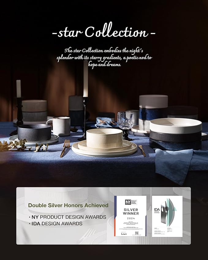 Famiware Star Dinnerware Set, Plates and Bowls Sets for 8 (24pcs), Ribbed Stoneware Dishes - Chip & Scratch Resistant, Microwave & Dishwasher Safe, Cream