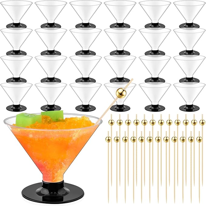 Baderke 24 Pack Plastic Martini Glasses with Gold Pearl Cocktail Picks Disposable Clear Mini Cocktail Cups Dessert Glasses...