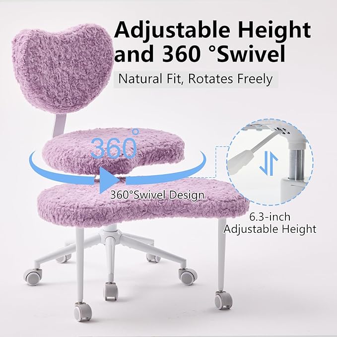 Cross Legged Office Chair with Wheels–360°Swivel Meditation Chair, Adjustable Height Yoga Office Chair for Adults, Ergonomic Kneeling Chair with Back Support for ADHD, Faux Fur, Violet
