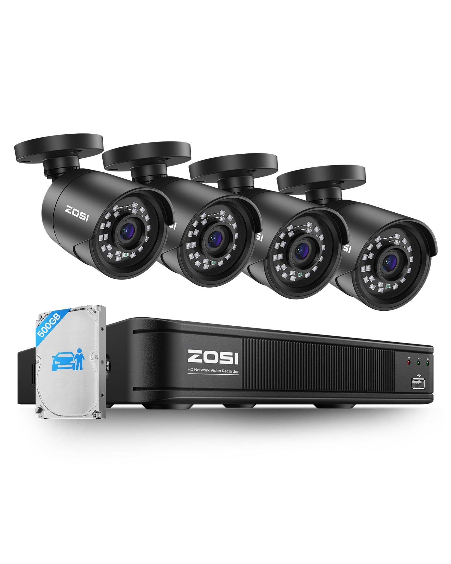 ZOSI 5MP 3K Lite CCTV Security Camera System with AI Human Vehicle Detection, 8CH H.265+ DVR and 4 x 1080p Surveillance Bullet Cameras Outdoor Indoor, 100ft Night Vision, IP66 Weatherproof, 500GB HDD