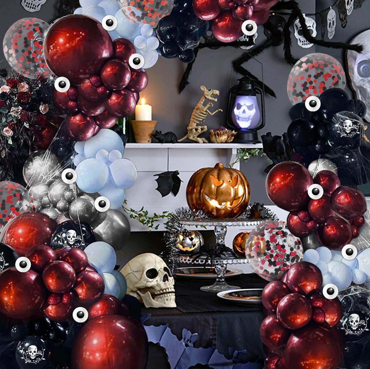 Halloween Balloon Garland Arch Kit, JZCZOEB 133Pcs Double Stuffed Red Black Blue Chrome Silver Balloons for Rose Skull Gothic Spooky Horror Theme Birthday Baby Shower Halloween Party Decorations