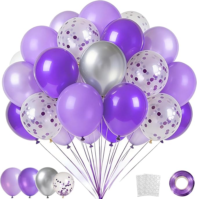 Danadia 32PCS Purple Balloons Set, 12 Inch Purple Silver Metallic Balloons with 9 Inch Purple Confetti Balloons for Girls'...